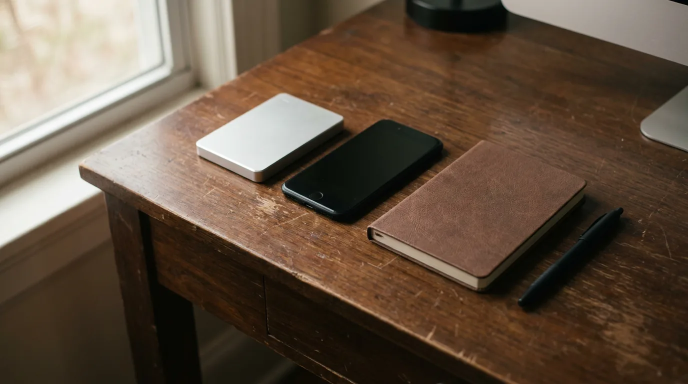 A portable hard drive and a smartphone on a wooden desk next to a notebook and pen