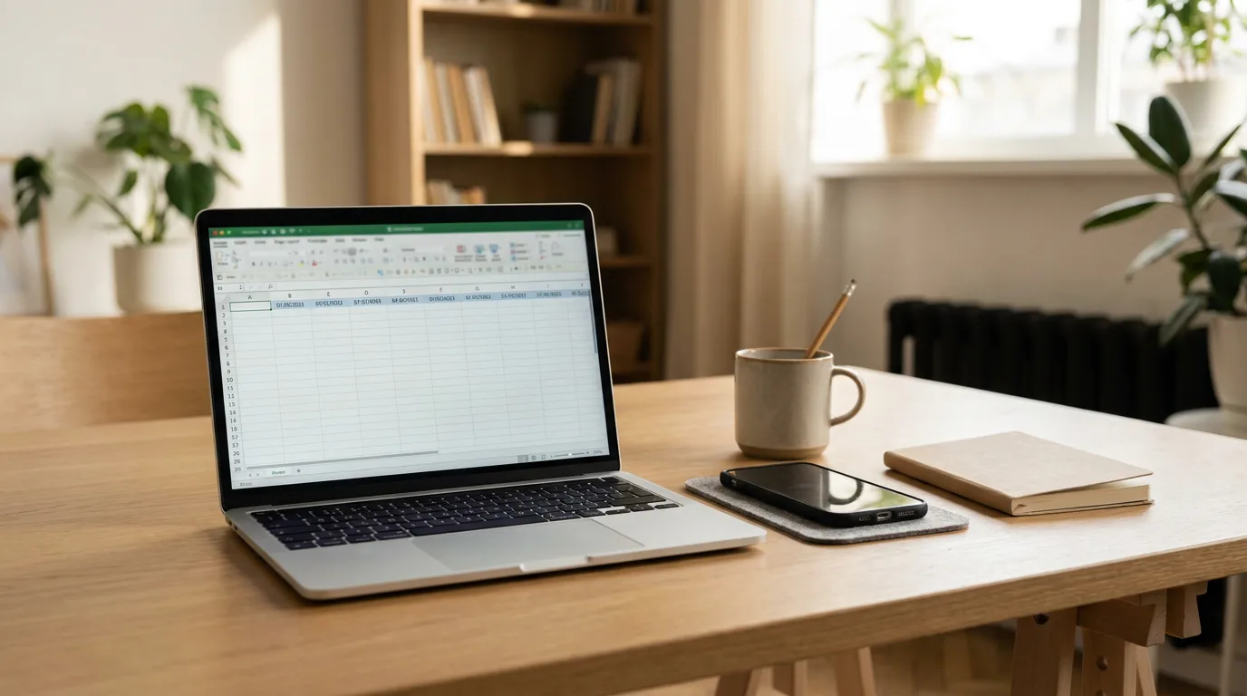 A clean desk with a laptop showing a spreadsheet of dates and a smartphone next to a notebook