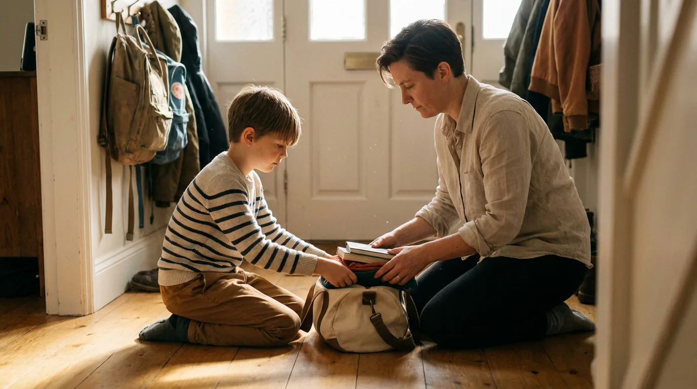 A parent and child packing a small overnight bag together by a front door in warm light