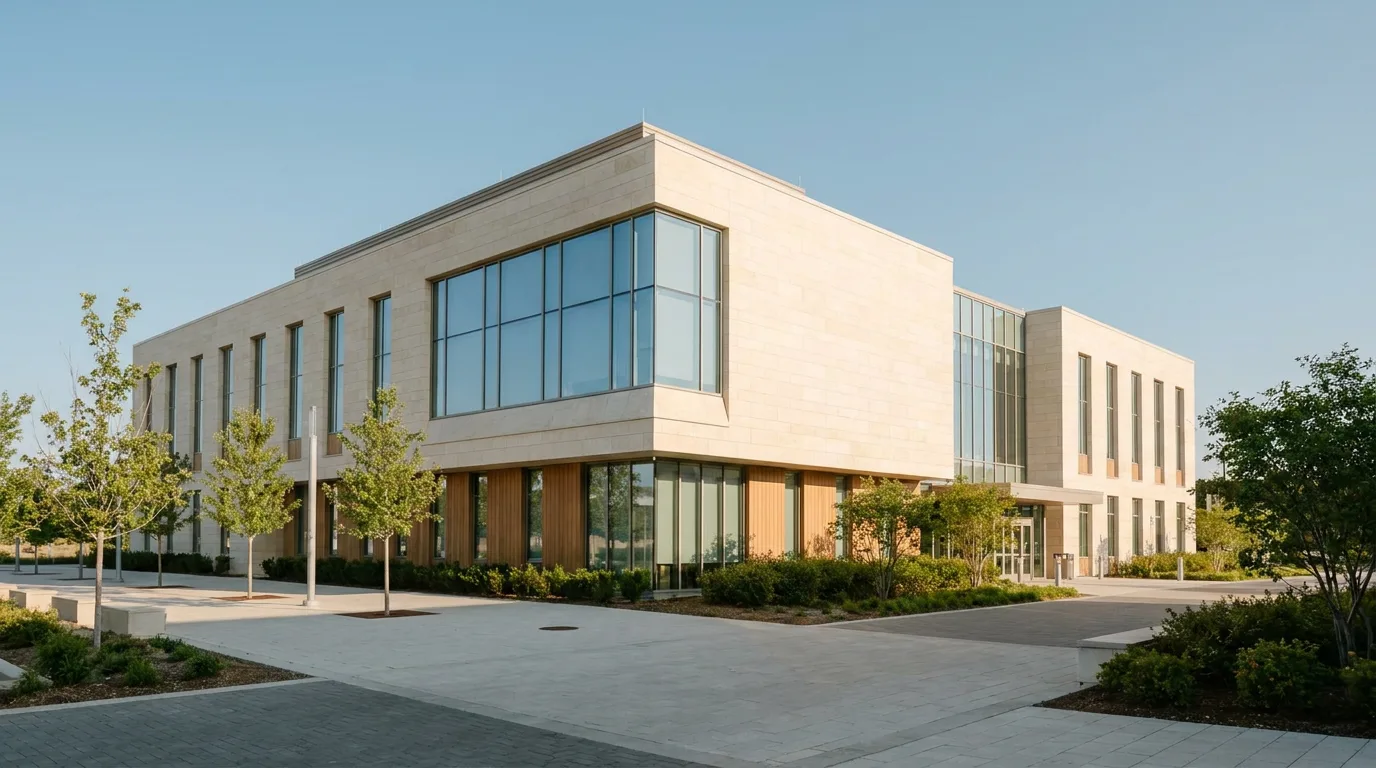 A calm, modern courthouse exterior on a clear day