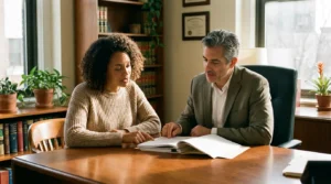 A parent meeting with a family lawyer across a desk in a calm, sunlit office