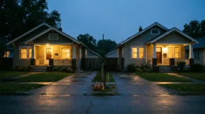 Two homes on the same street at dusk, suggesting a child's week split evenly between both parents