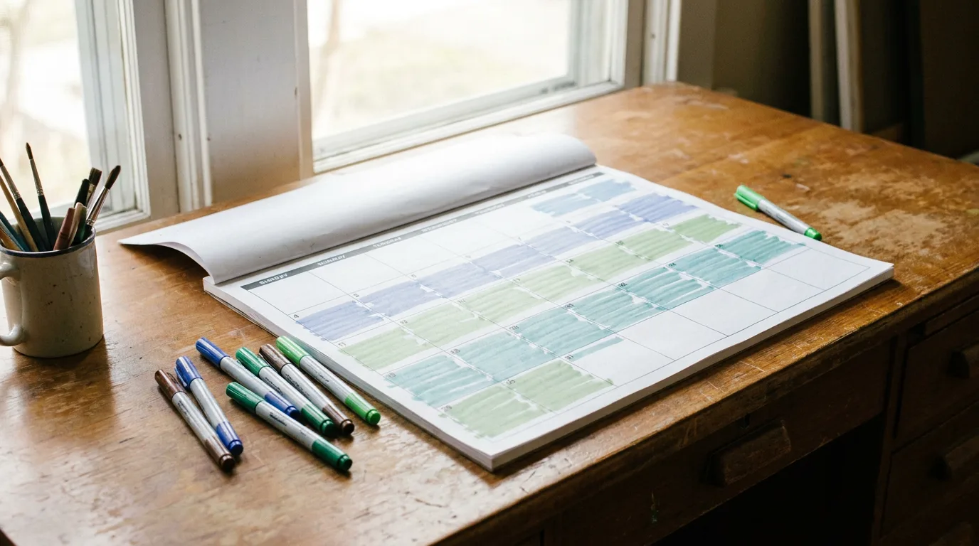 A calendar with days shaded in two alternating colors, showing a split custody rotation counted by overnights