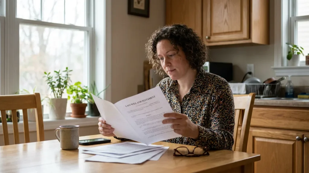 A parent reading a custody order at a kitchen table, considering their options