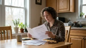 A parent reading a custody order at a kitchen table, considering their options