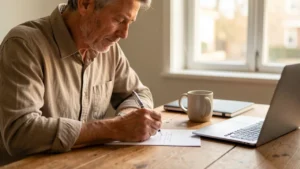 A person sitting at a desk writing a letter by hand in calm daylight, composed and thoughtful