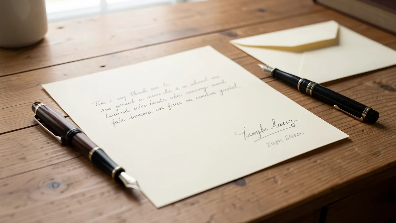 A finished handwritten letter on a desk beside a pen and envelope in soft daylight