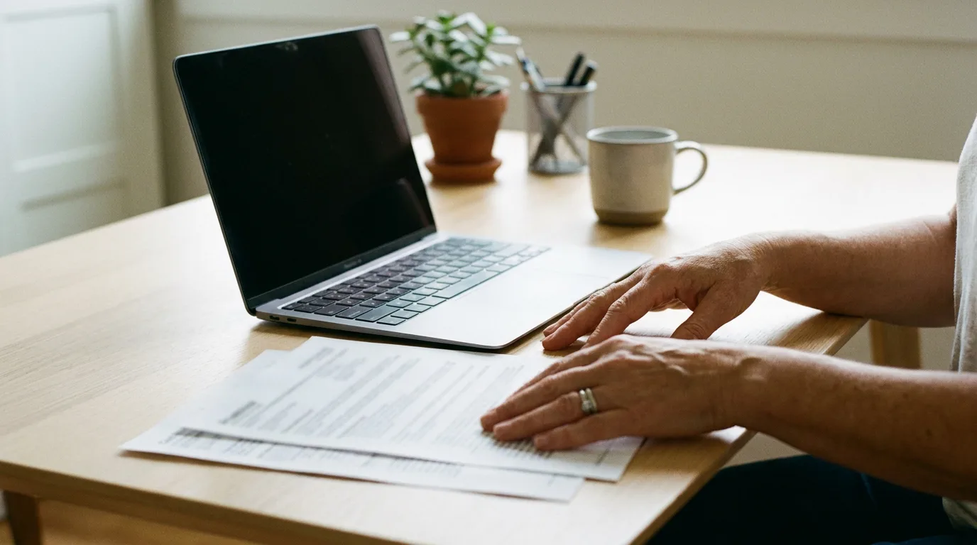 A parent organizing printed documents and a laptop at a desk while researching child support by state