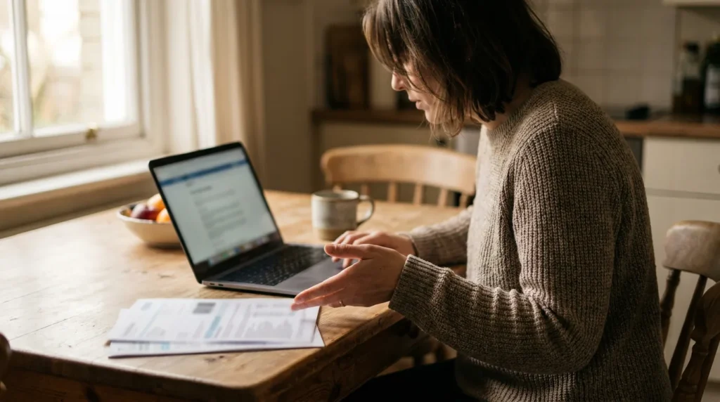 A parent at a kitchen table comparing child support information on a laptop and printed pages