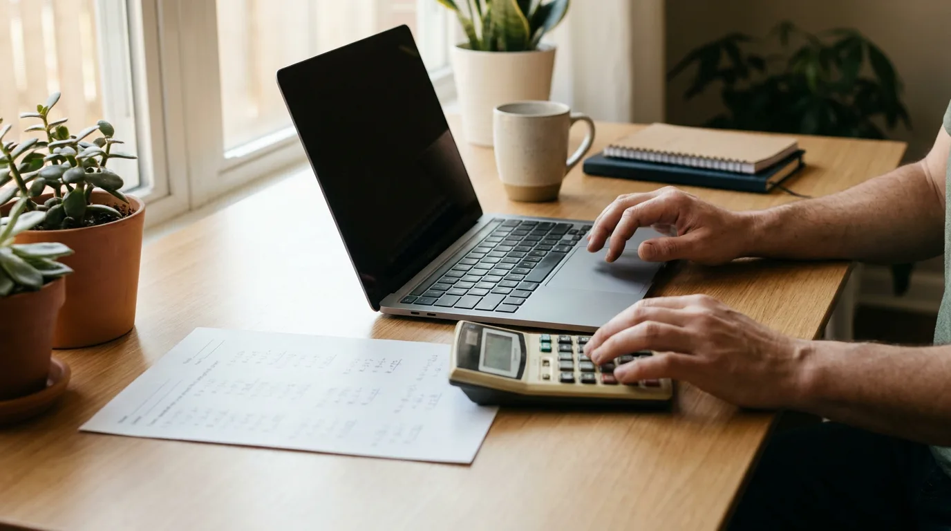 A parent using a laptop and calculator at a desk with a printed worksheet of figures nearby