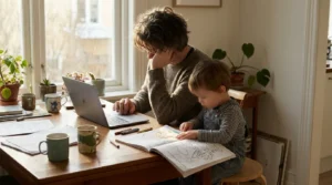 A parent at a home desk using a laptop to estimate child support with a child coloring at the table nearby