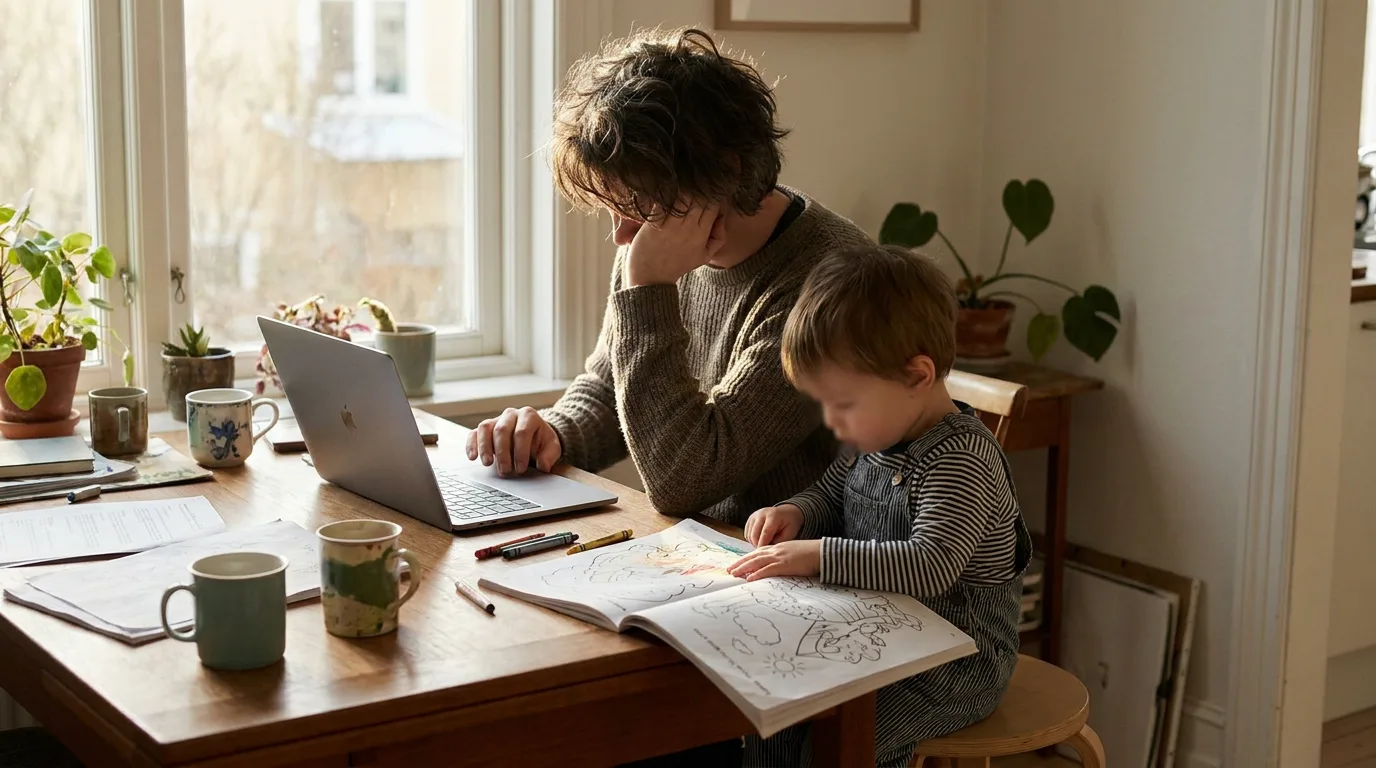 A parent at a home desk using a laptop to estimate child support with a child coloring at the table nearby