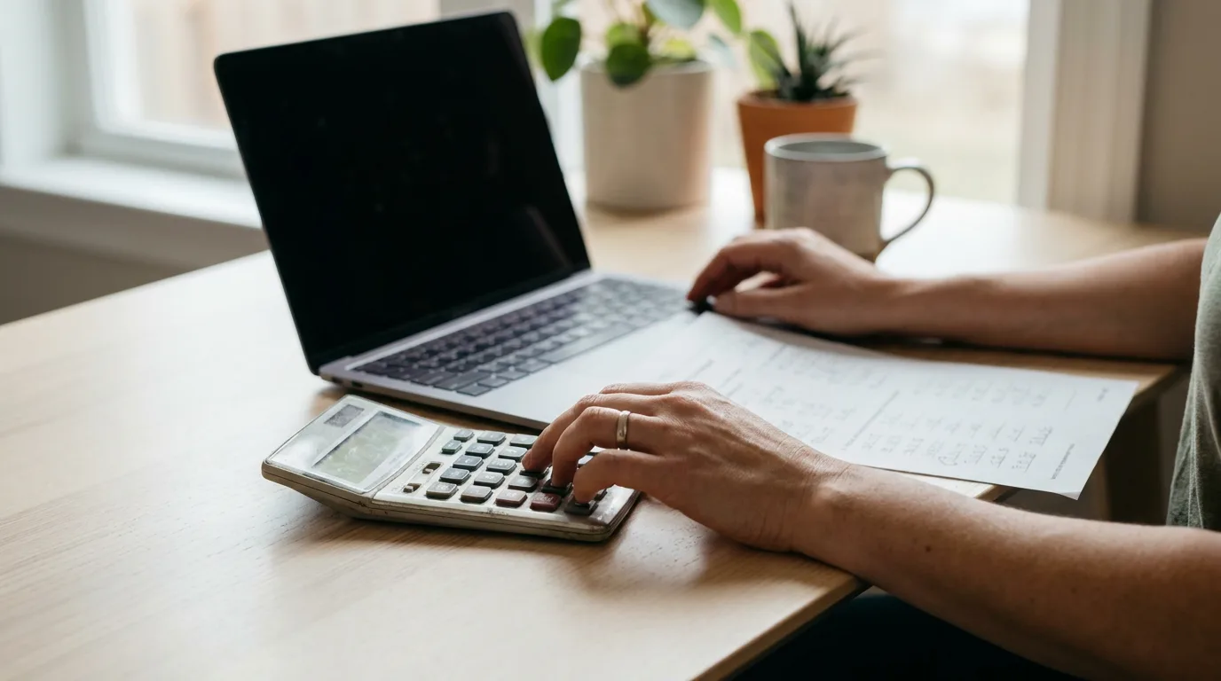 A parent using a laptop and calculator at a desk with a printed worksheet of figures nearby