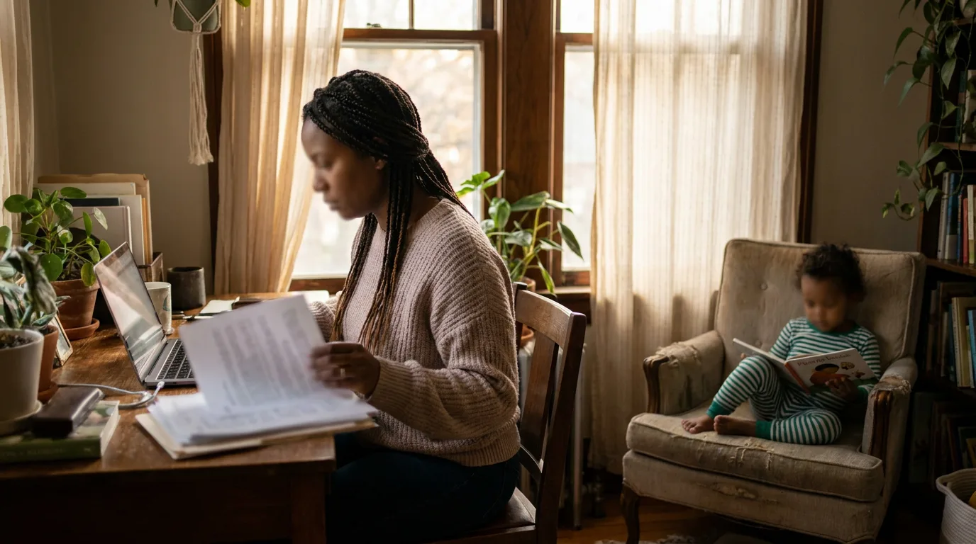 A parent at a desk reviewing financial documents on a laptop with a child reading nearby