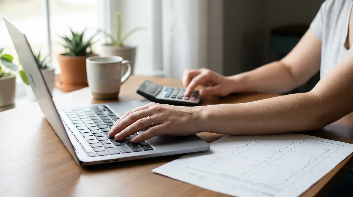 A parent using a laptop and calculator at a desk with a printed child support worksheet nearby