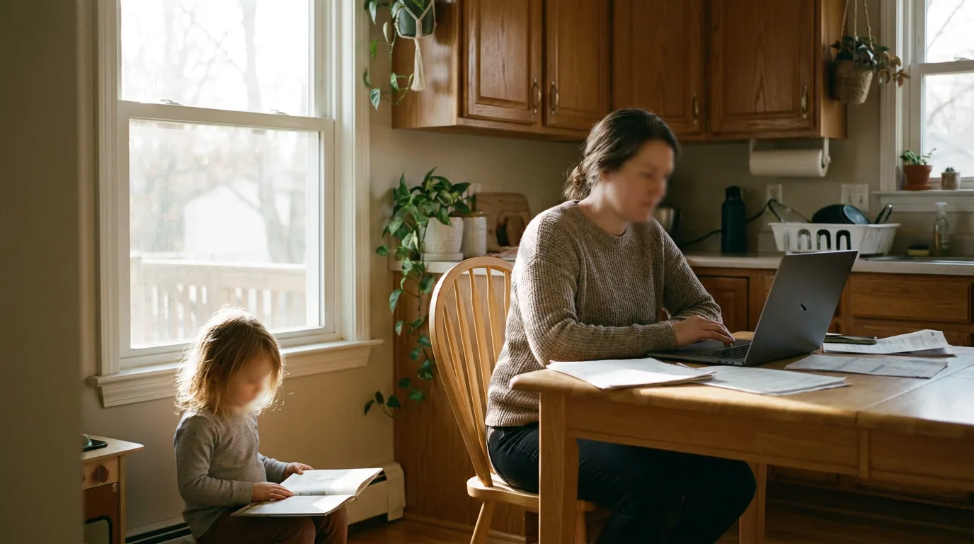 A parent at a kitchen table using a laptop and paperwork to estimate child support with a child nearby