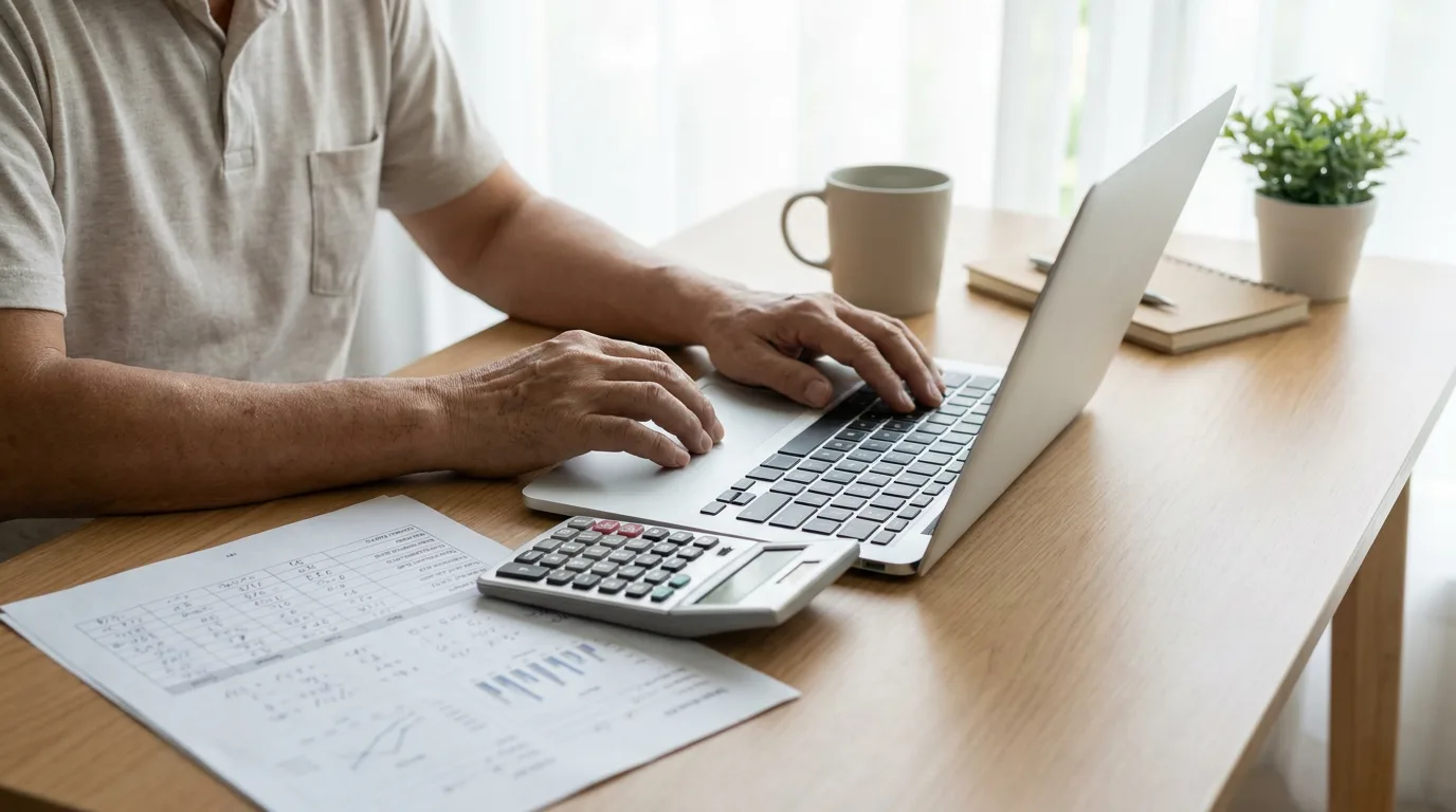 A parent using a laptop and calculator at a desk with a printed child support worksheet nearby