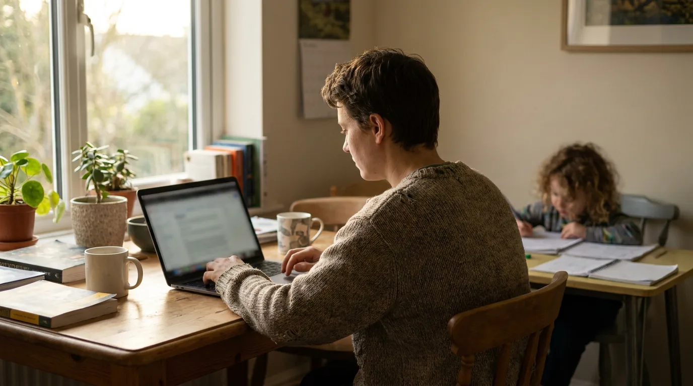 A parent at a kitchen table using a laptop to estimate child support with a child doing homework nearby