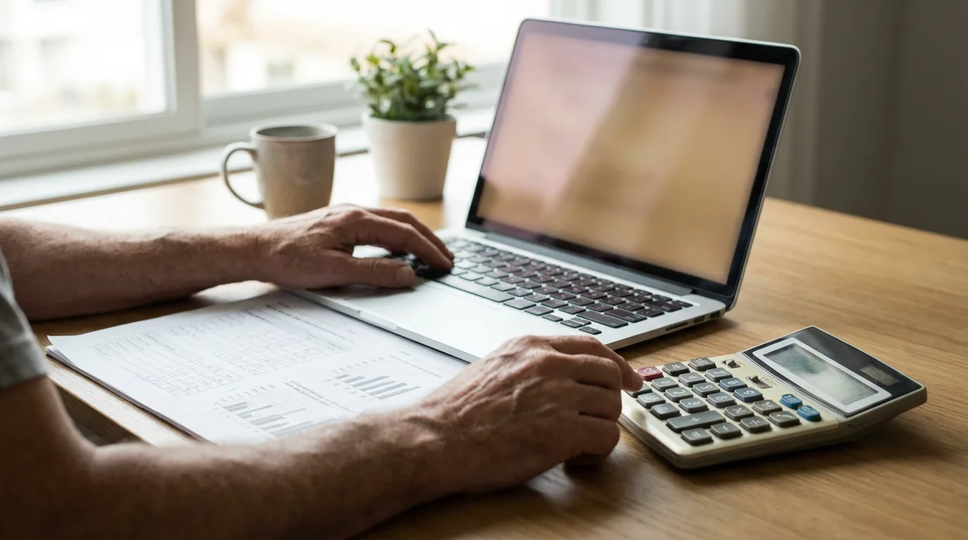 A parent using a laptop and calculator at a desk with a printed child support worksheet nearby