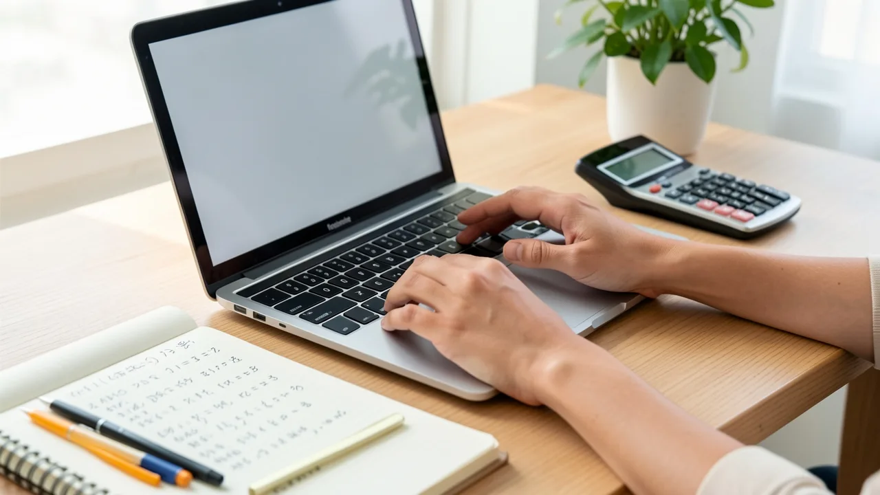 A parent using a laptop and calculator at a desk with a notebook of figures nearby