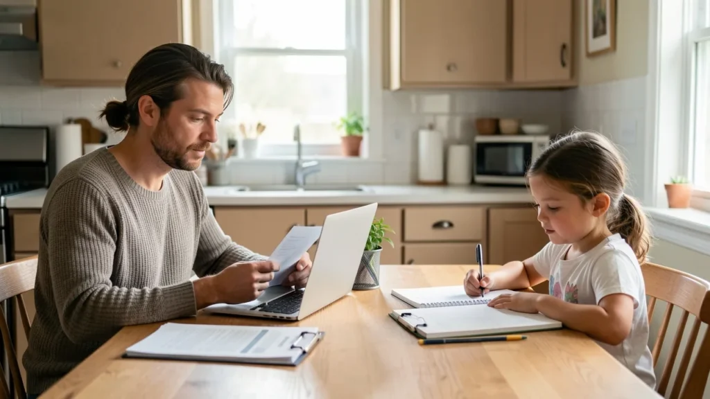 A parent reviewing financial paperwork at a kitchen table with a child doing homework nearby