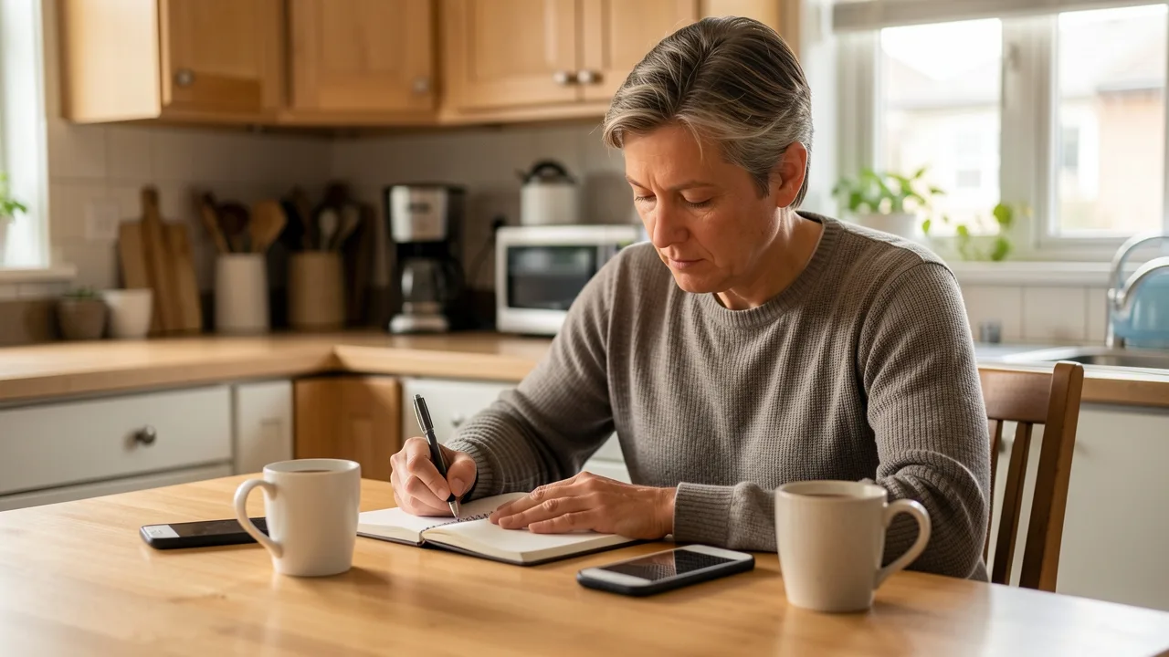 An adult writing dated notes in a notebook at a kitchen table in the evening