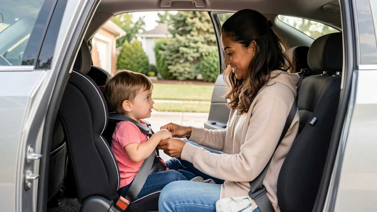A parent calmly settling a young child into a car seat during a routine handoff