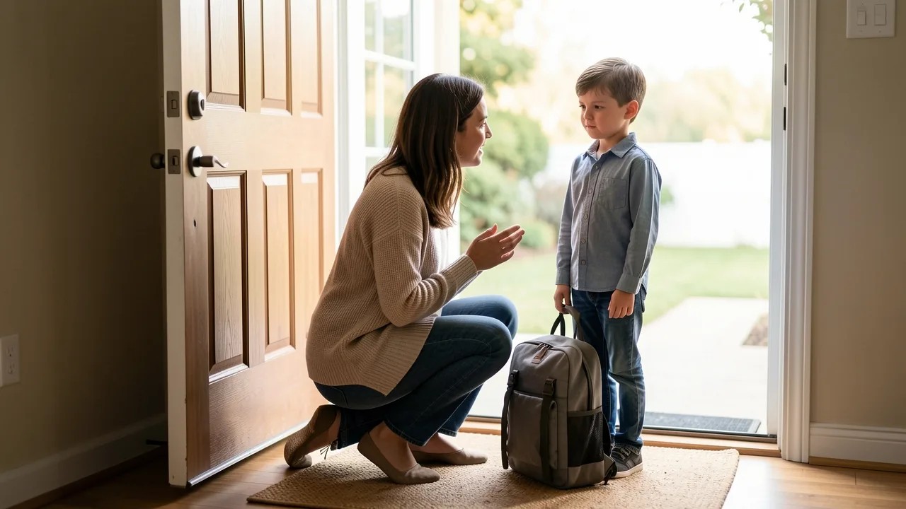 A child standing near a packed overnight bag by the front door while a parent kneels and talks calmly