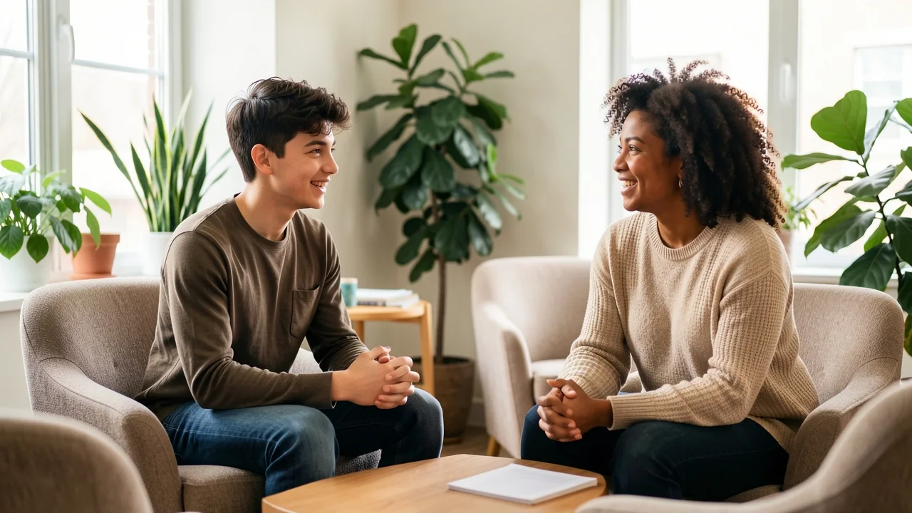 A teenager talking with a supportive counselor in a calm, comfortable office