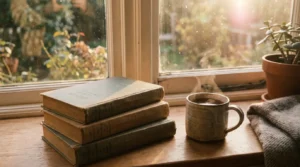 A stack of parenting books on a windowsill beside a cup of tea in warm afternoon light