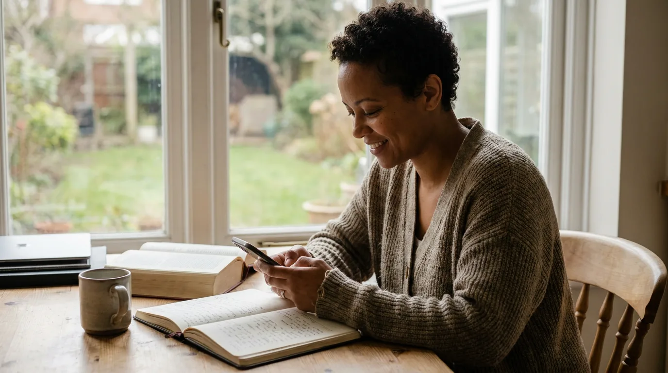 A person calmly typing a reply on a phone at a desk with a notebook and book