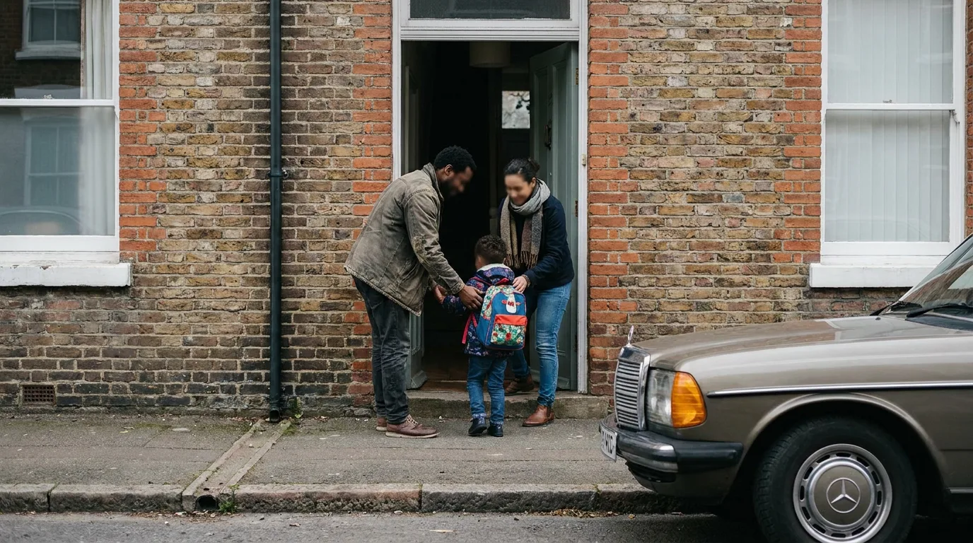 A calm, brief child handoff between two parents at a doorway, a child with a backpack