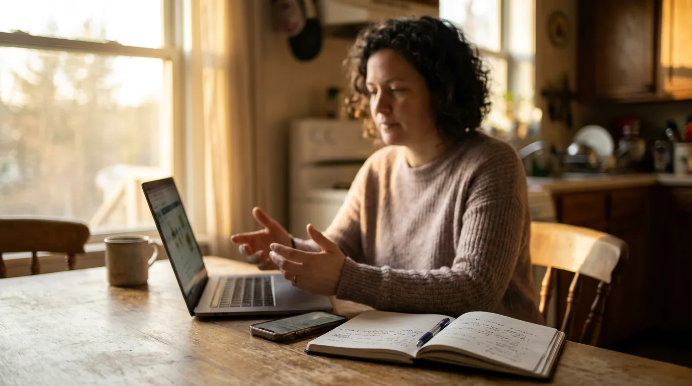 A parent at a kitchen table researching counselors on a laptop with a notepad nearby
