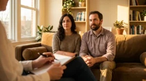 Two parents seated on a sofa speaking with a counselor in a calm, sunlit office