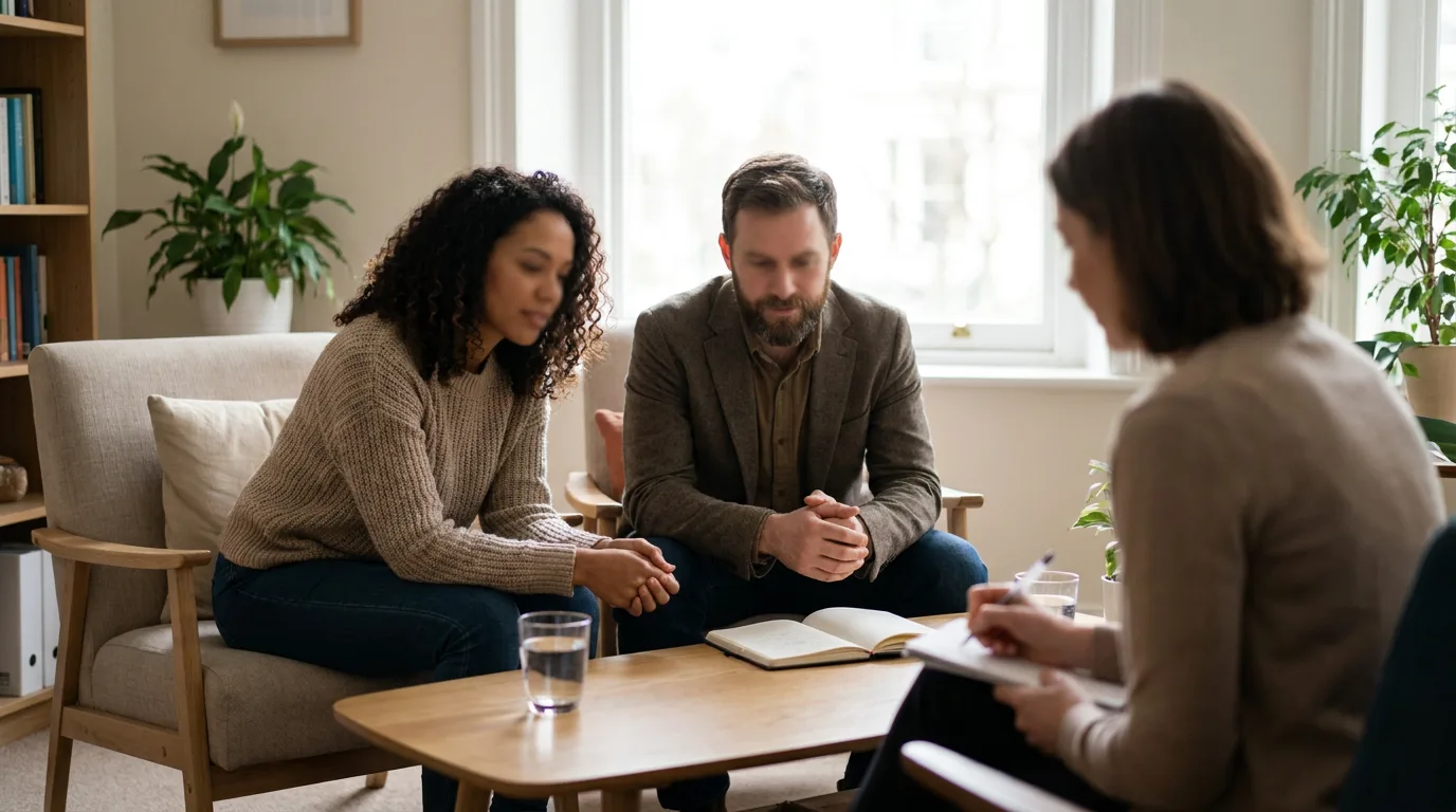 Two parents facing a counselor across a table in a calm office during a session