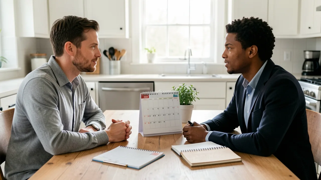 Two parents talking across a kitchen table with a calendar between them in soft daylight
