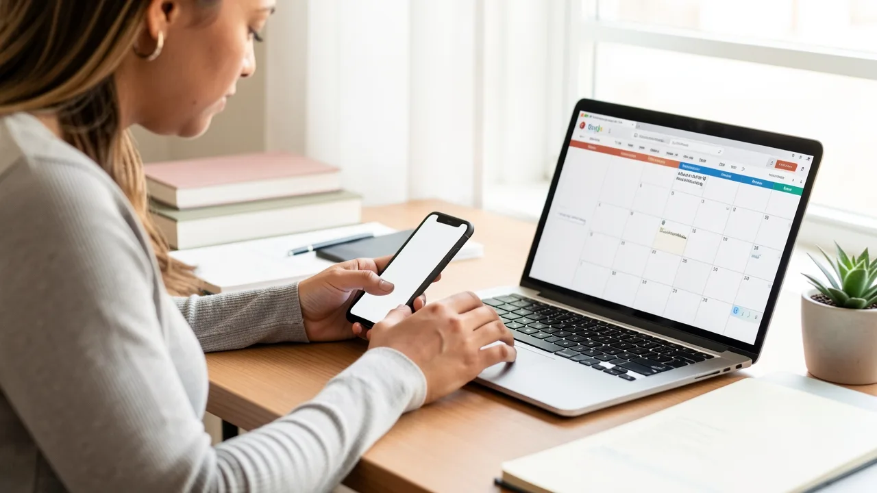 A parent calmly typing a message on a phone at a desk with a shared calendar on a laptop nearby