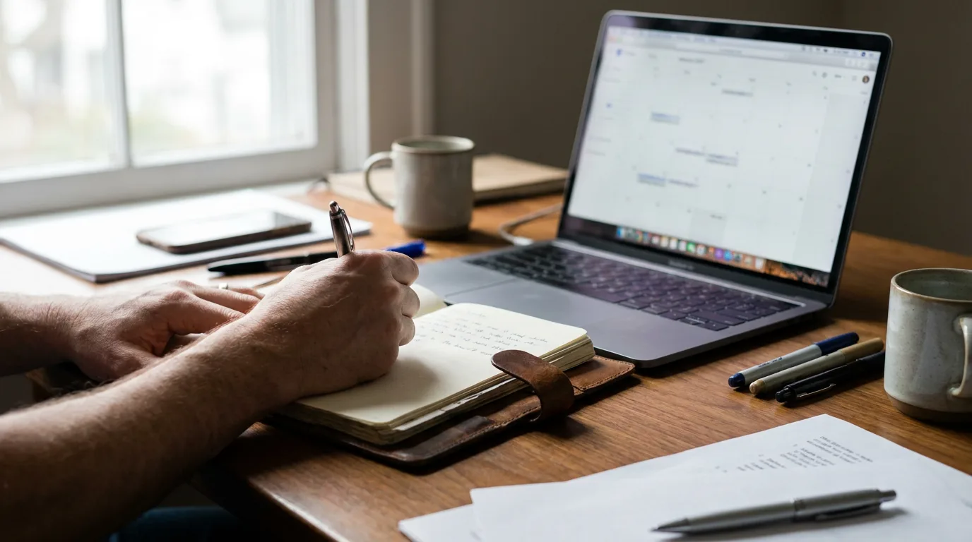 A parent keeping a dated log of co-parenting exchanges beside a laptop calendar