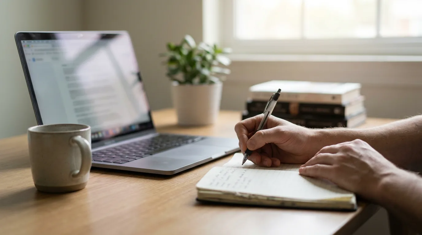 A parent's hands with a notebook and laptop, organizing custody terms in two languages