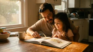 A bilingual parent and child reading together at a kitchen table in warm light