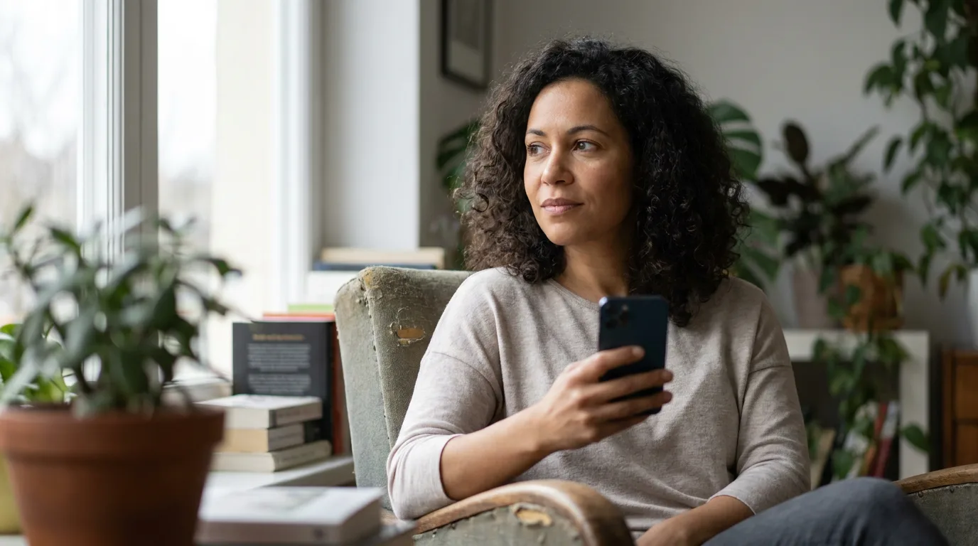 A parent pausing with a phone before replying, calm expression