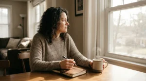 A parent writing in a journal by a window with morning coffee in soft light