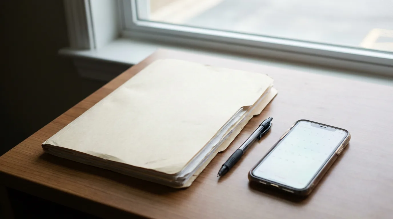 A court filing folder, pen, and phone calendar on a clean desk in a calm office