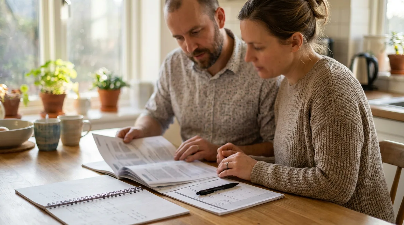 Two parents working through a parenting plan together at a kitchen table in daylight