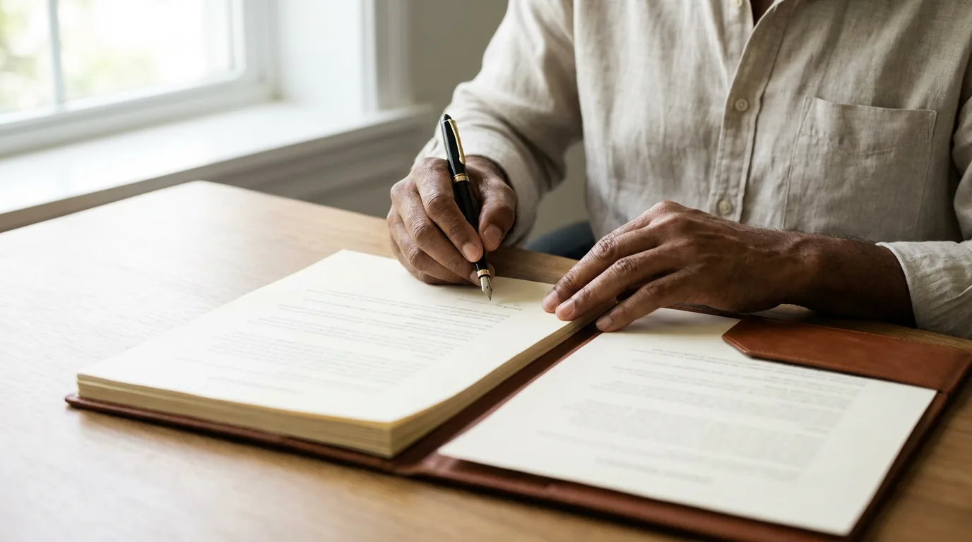 Hands signing a printed parenting agreement at a desk beside a second copy