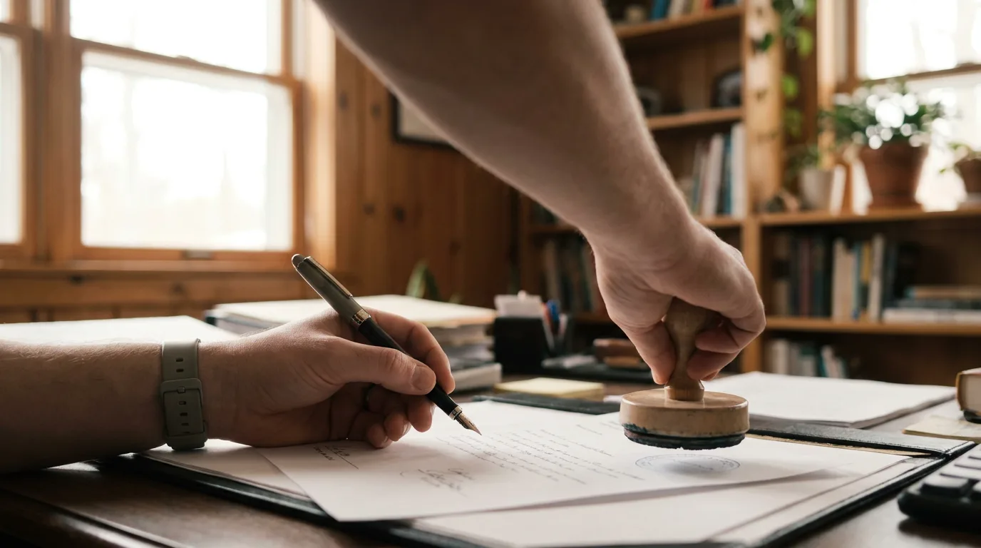 A document being signed and stamped on a desk in a calm office, becoming official