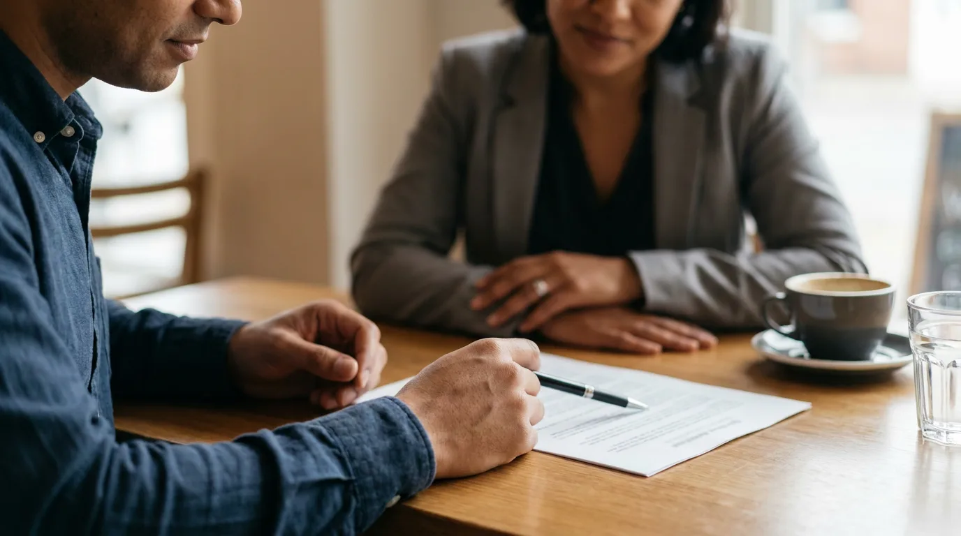 Two parents and a pen reviewing a written agreement at a table in calm daylight
