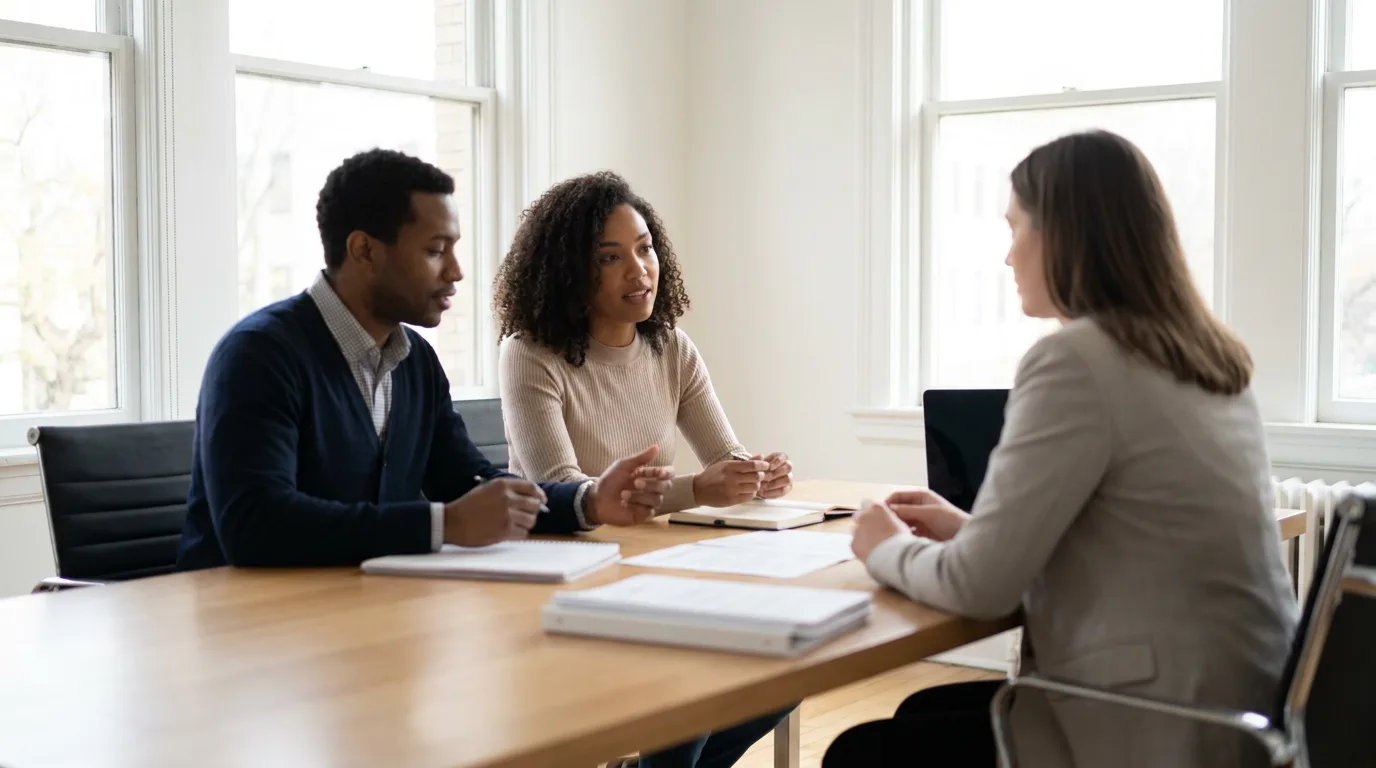 Two parents and a neutral professional talking calmly around a table in a bright office