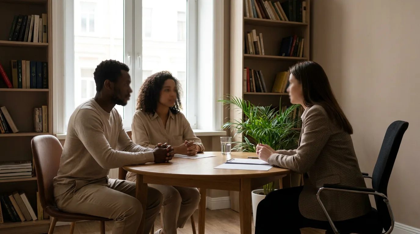 Two parents seated across a table from a neutral mediator in a calm office, mid-discussion