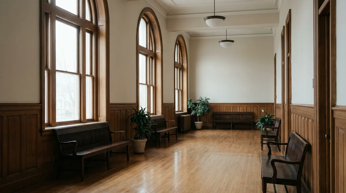 A calm courthouse or law-office hallway with soft daylight from tall windows